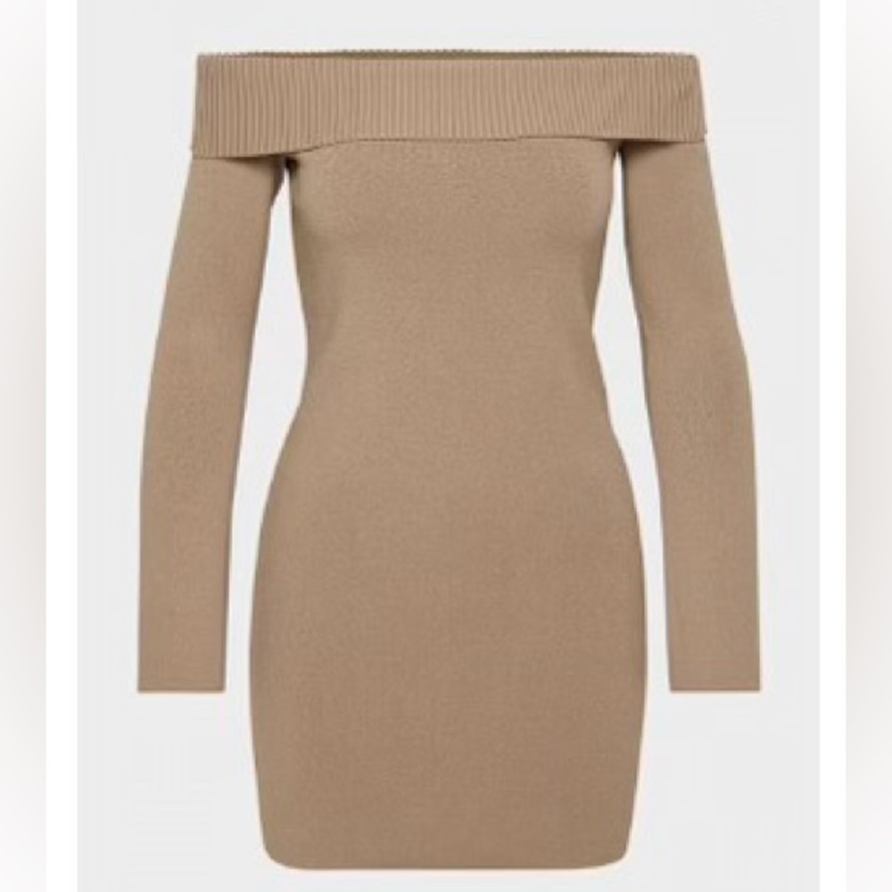 Aritzia Tan Off-Shoulder Long Sleeve Dress